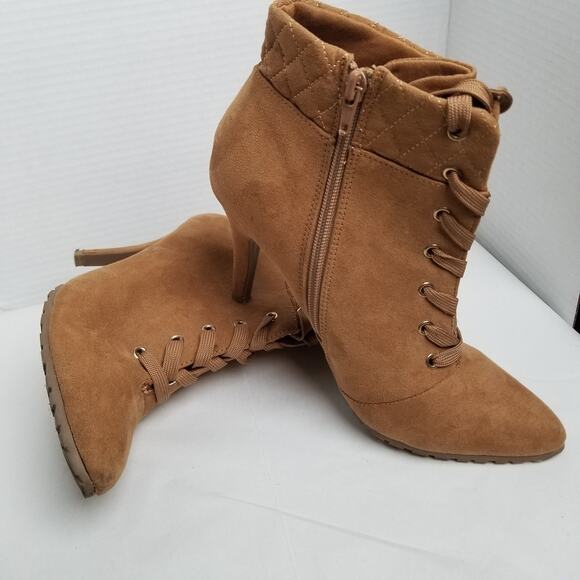 Me Too "Francis" Tan Suede Lace Up Zipper 3 1/2 in Heel Ankle Boot Size 8.5M -PO - Picture 9 of 12